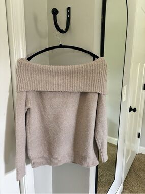 Off-the-Shoulder Ribbed Knit Sweater in Taupe